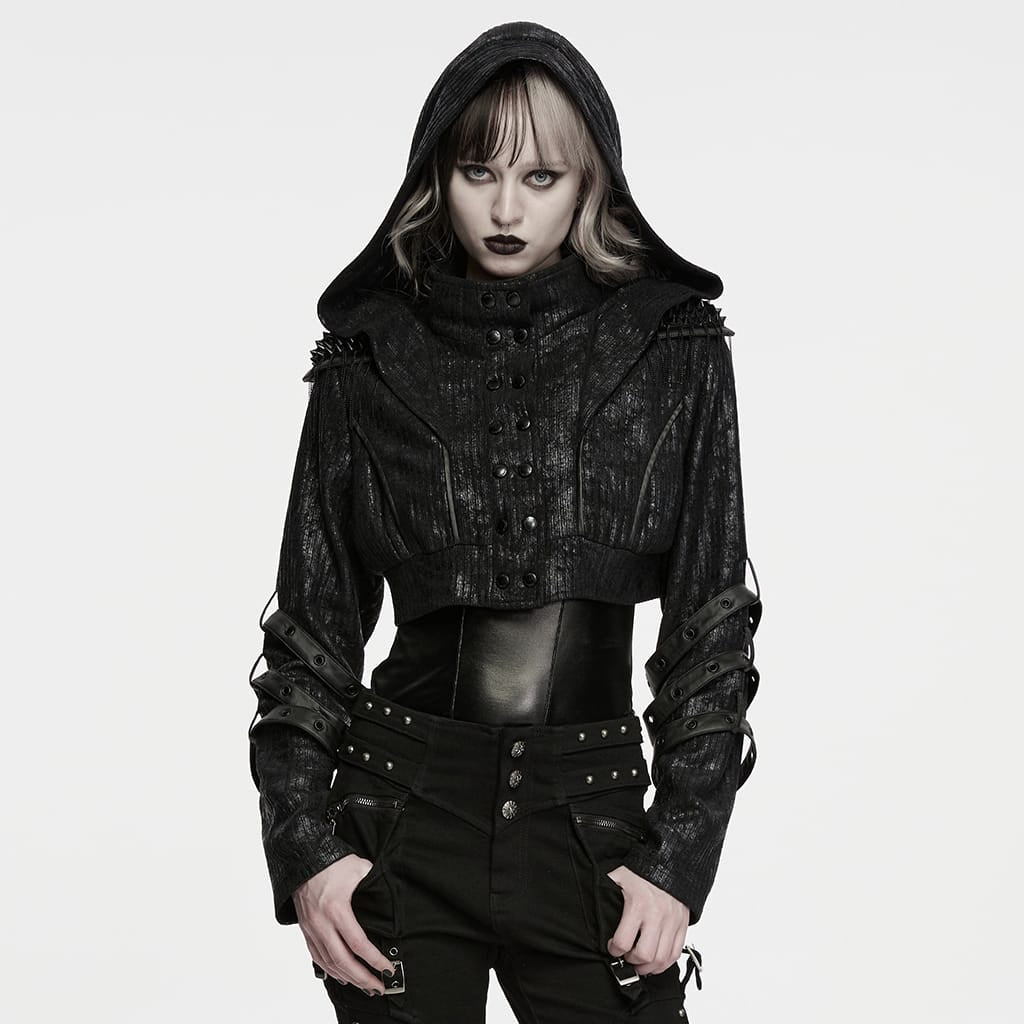 PUNK RAVE Women's Punk Hooded Spiked Shoulder Eyelet Strap Cropped Jacket