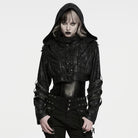 PUNK RAVE Women's Punk Hooded Spiked Shoulder Eyelet Strap Cropped Jacket