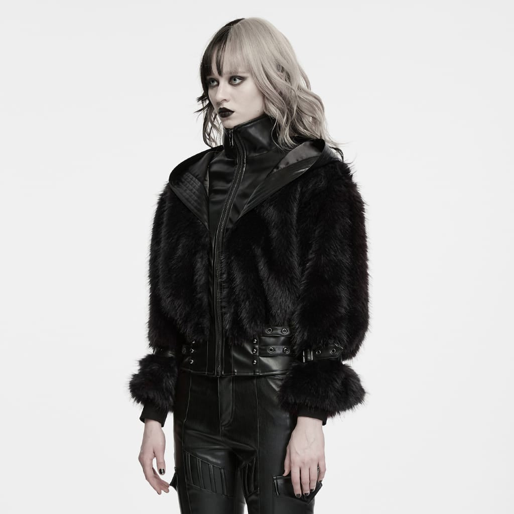 PUNK RAVE Women's Punk Hooded Stand Collar Faux Fur Faux Leather Coat