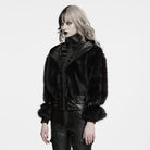 PUNK RAVE Women's Punk Hooded Stand Collar Faux Fur Faux Leather Coat
