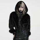 PUNK RAVE Women's Punk Hooded Stand Collar Faux Fur Faux Leather Coat