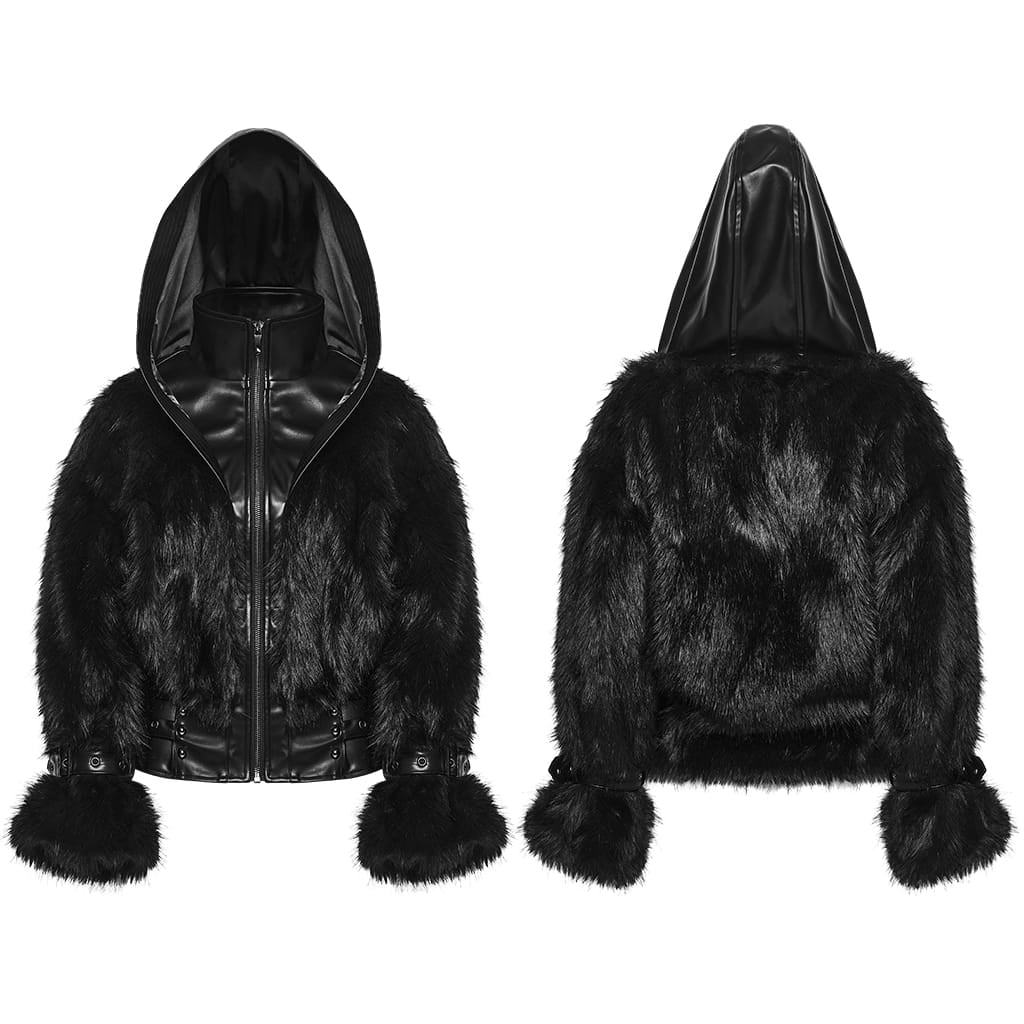 PUNK RAVE Women's Punk Hooded Stand Collar Faux Fur Faux Leather Coat