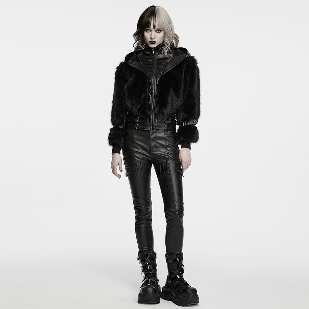 PUNK RAVE Women's Punk Hooded Stand Collar Faux Fur Faux Leather Coat