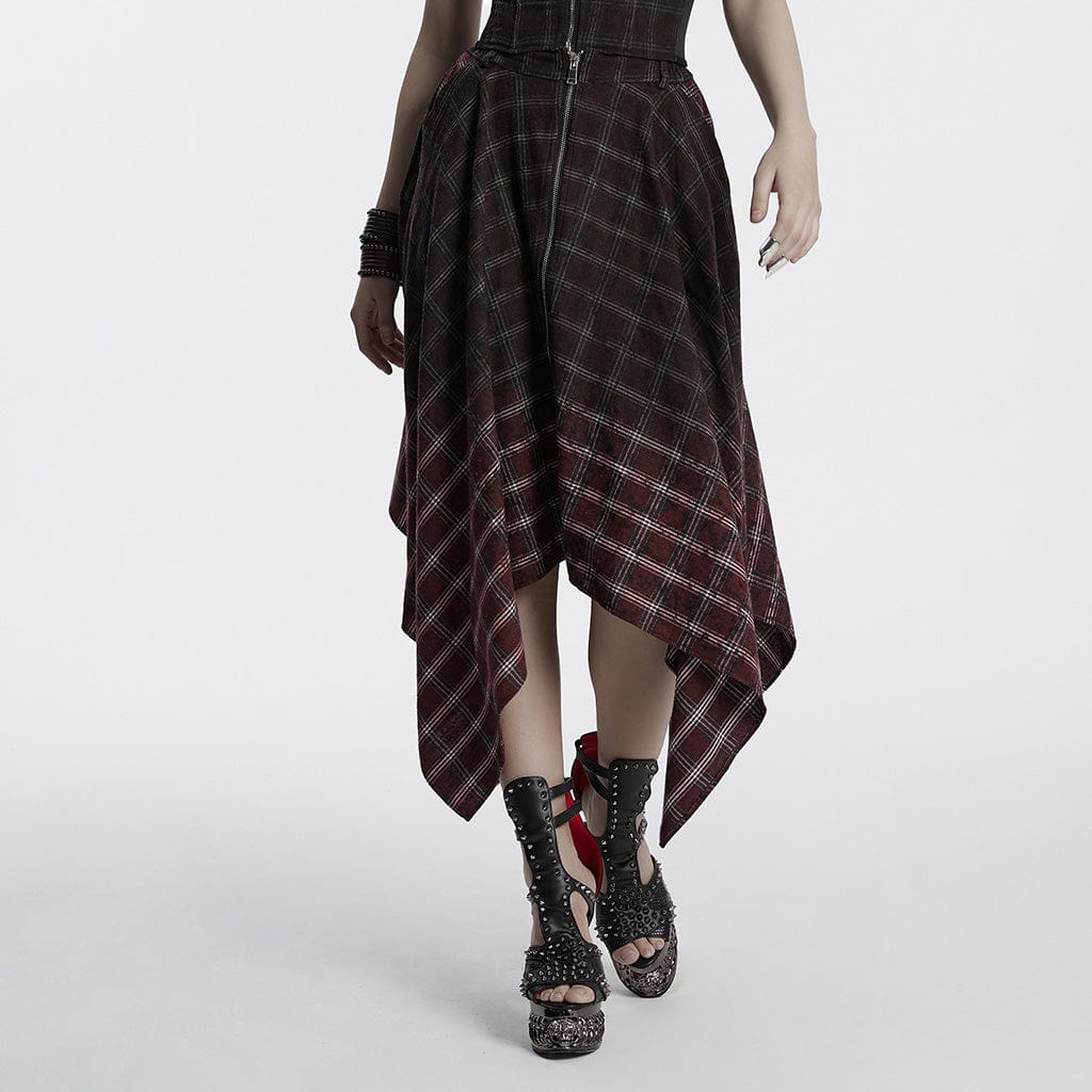 PUNK RAVE Women's Punk Irregular Gradient Plaid Skirt