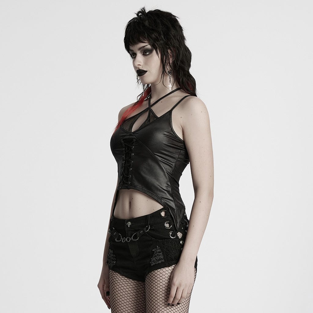 PUNK RAVE Women's Punk Irregular Plunging Halterneck Tank Top