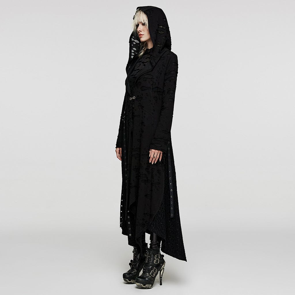 PUNK RAVE Women's Punk Irregular Ripped Coat with Hood