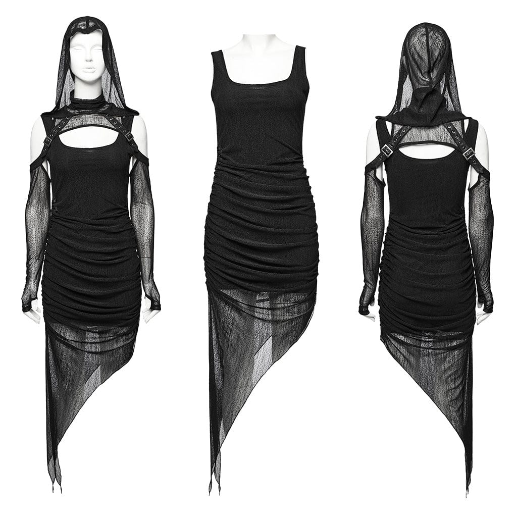 PUNK RAVE Women's Punk Irregular Ruched Black Party Dress with Hooded Cape