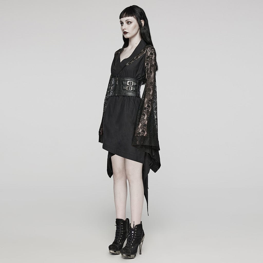 PUNK RAVE Women's Punk Lace Buckle Irregular Long Sleeved Dress