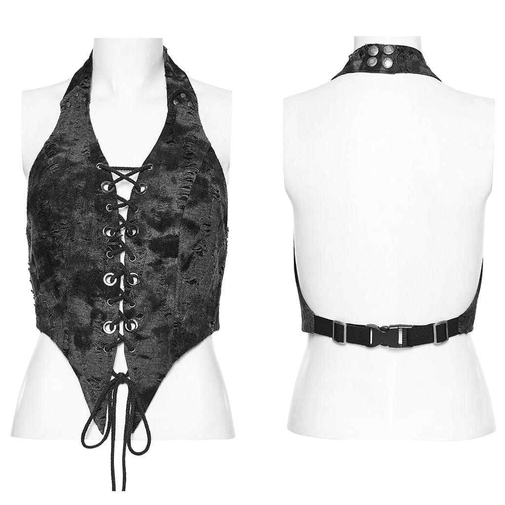 PUNK RAVE Women's Punk Lace-Up Buckle Halter Vest