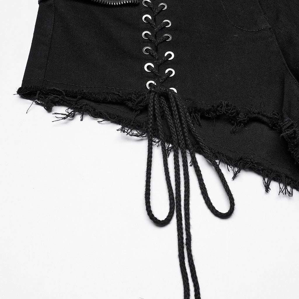 PUNK RAVE Women's Punk Lace-up Denim Shorts with Detachable Pocket