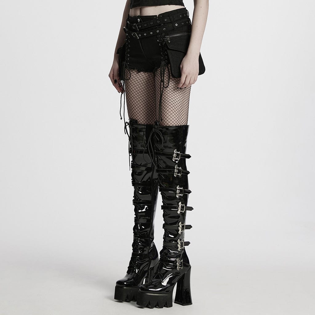 PUNK RAVE Women's Punk Lace-up Denim Shorts with Detachable Pocket