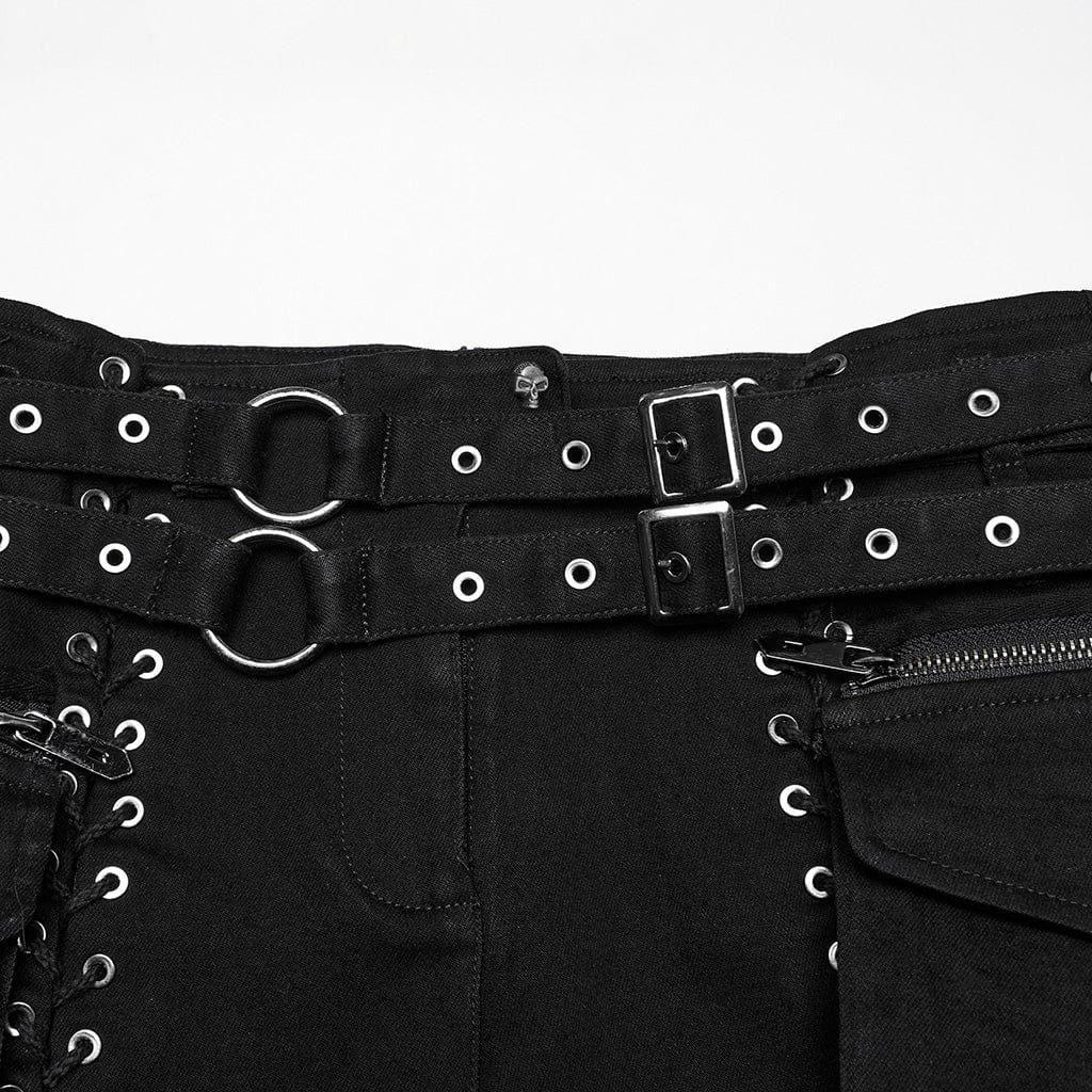 PUNK RAVE Women's Punk Lace-up Denim Shorts with Detachable Pocket