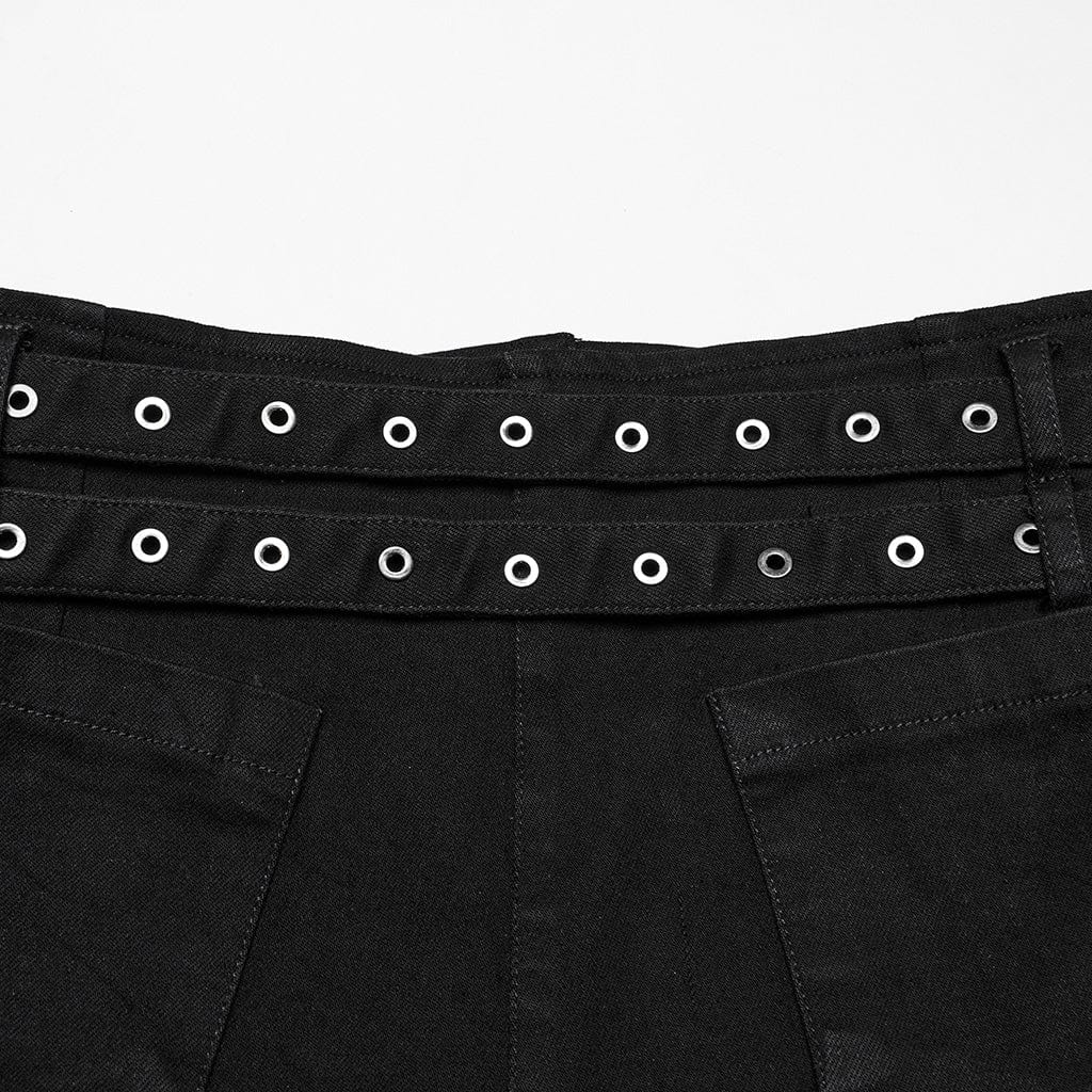 PUNK RAVE Women's Punk Lace-up Denim Shorts with Detachable Pocket