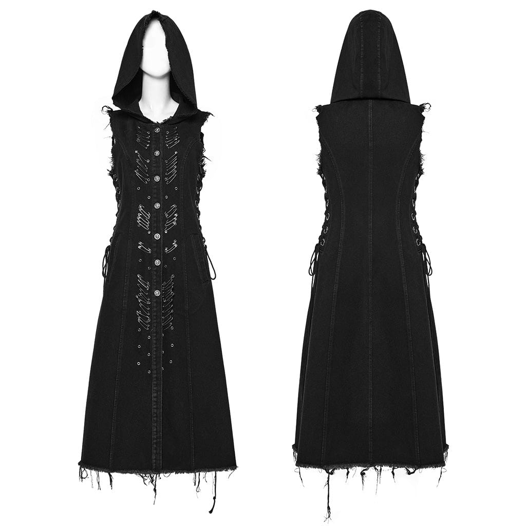 PUNK RAVE Women's Punk Lace-Up Eyelet Long Vest with Hood