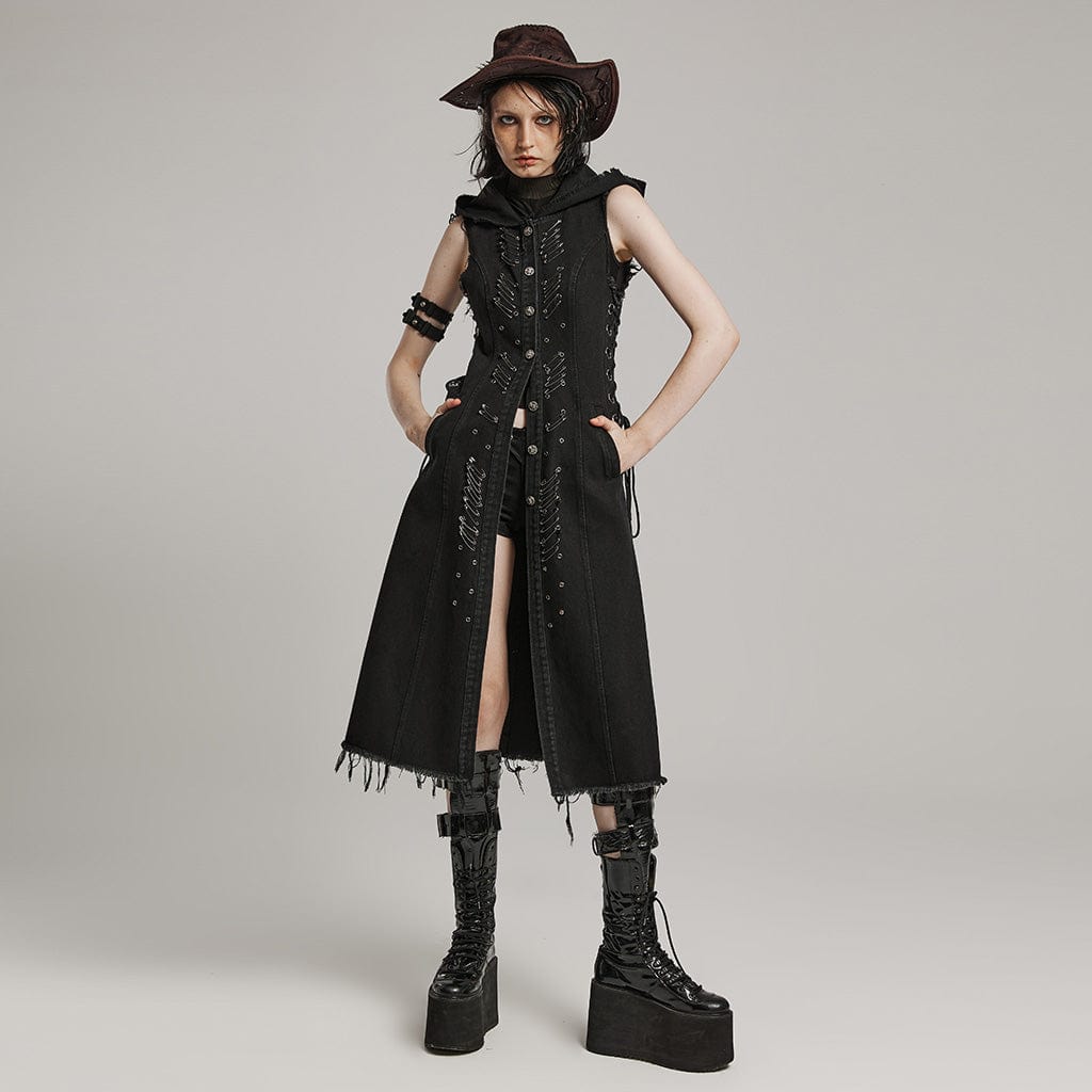 PUNK RAVE Women's Punk Lace-Up Eyelet Long Vest with Hood