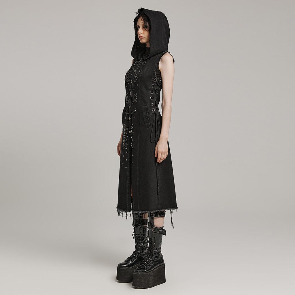 PUNK RAVE Women's Punk Lace-Up Eyelet Long Vest with Hood