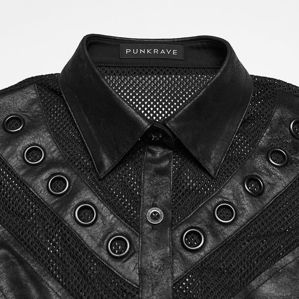 PUNK RAVE Women's Punk Lace-up Eyelet Mesh Short Sleeved Shirt