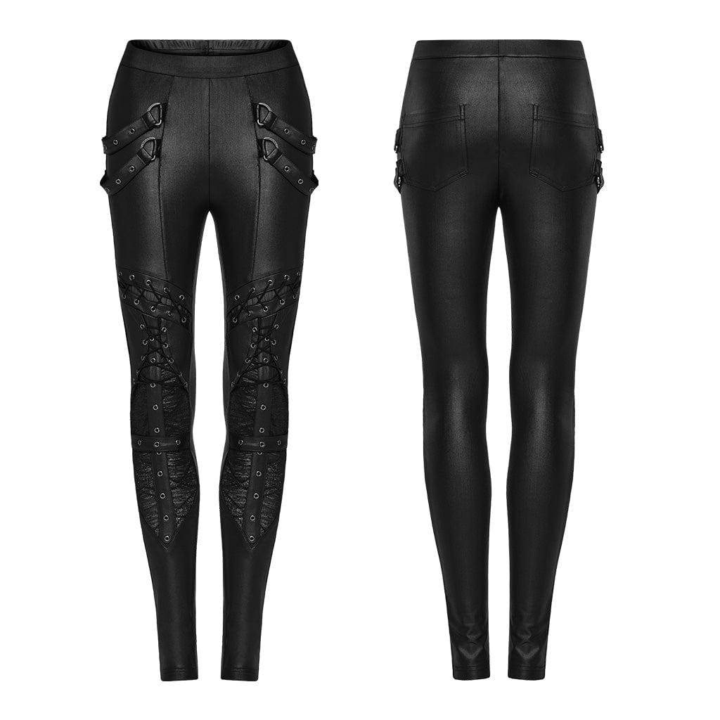 PUNK RAVE Women's Punk Lace-up Eyelet Strap Leggings