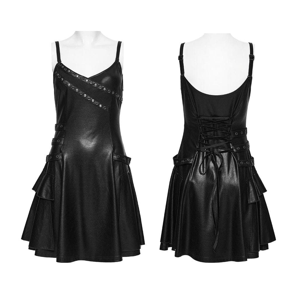 PUNK RAVE Women's Punk Lace-up Eyelet Strap Slip Dress