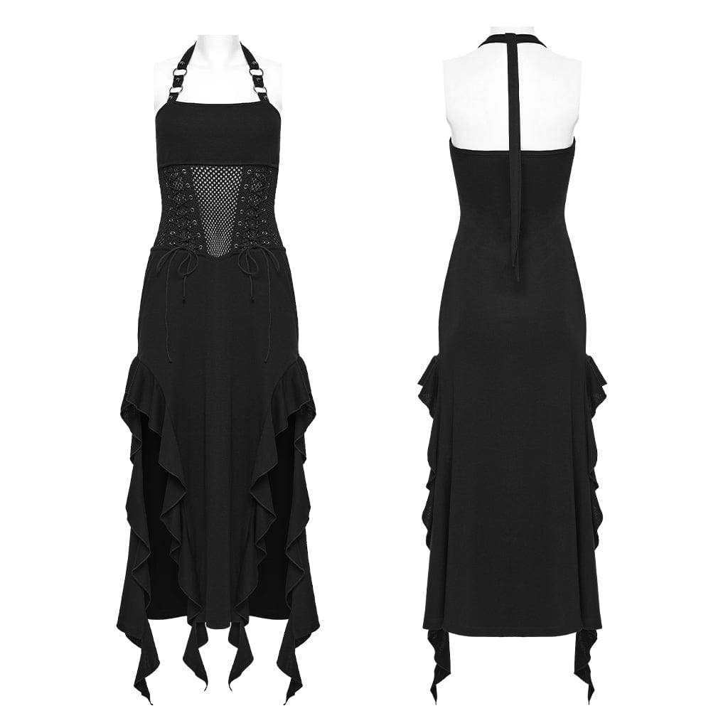 PUNK RAVE Women's Punk Lace-up Irregular Hem Halterneck Dress