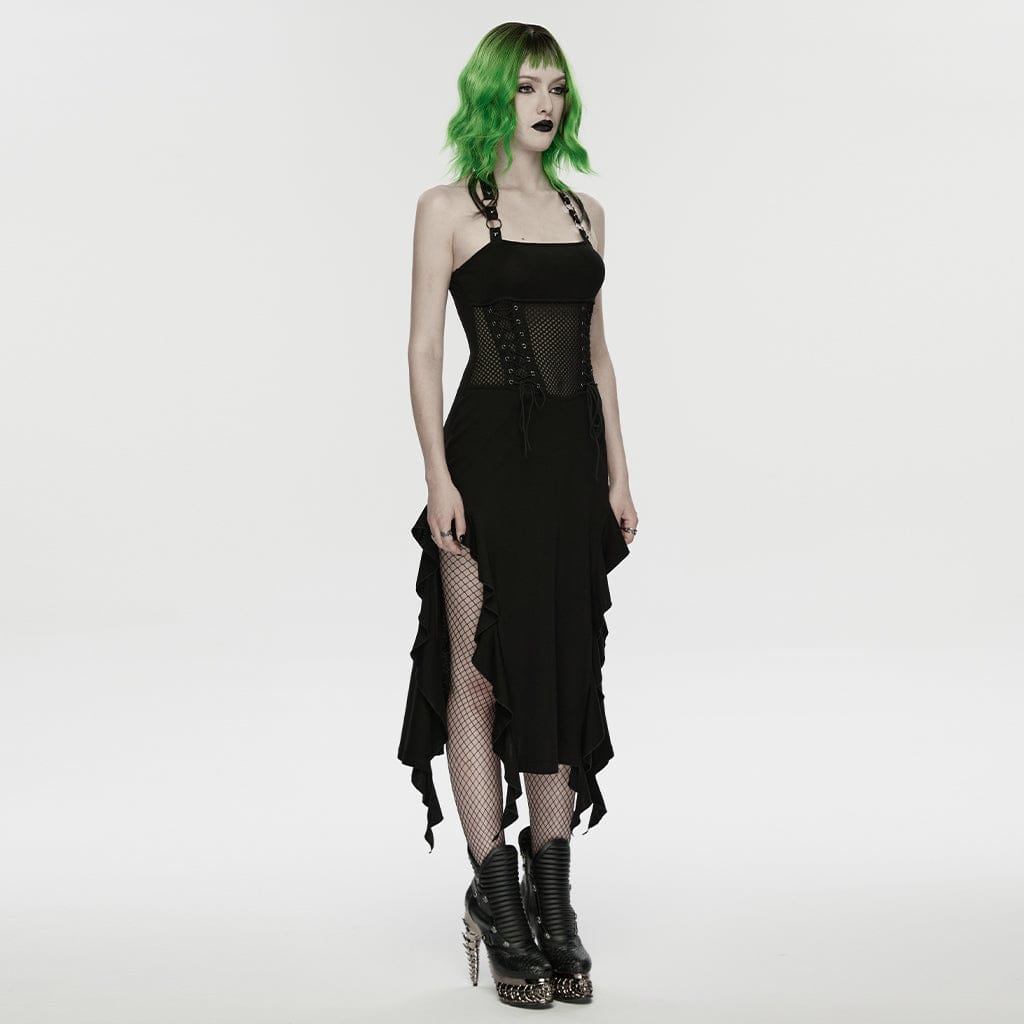 PUNK RAVE Women's Punk Lace-up Irregular Hem Halterneck Dress