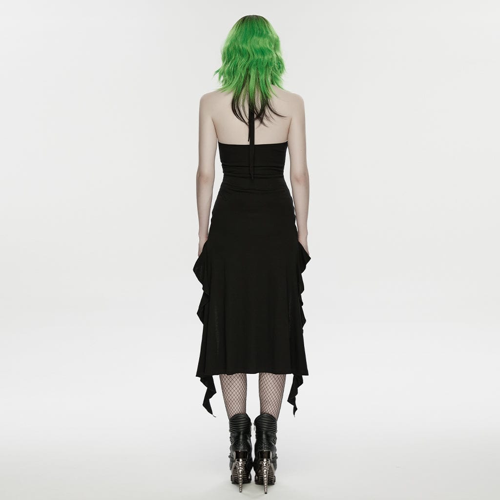 PUNK RAVE Women's Punk Lace-up Irregular Hem Halterneck Dress