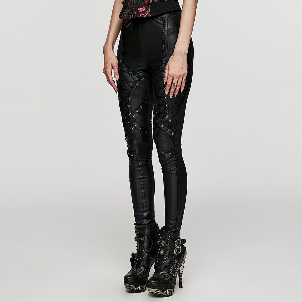 PUNK RAVE Women's Punk Lace-up Lace Splice Faux Leather Leggings