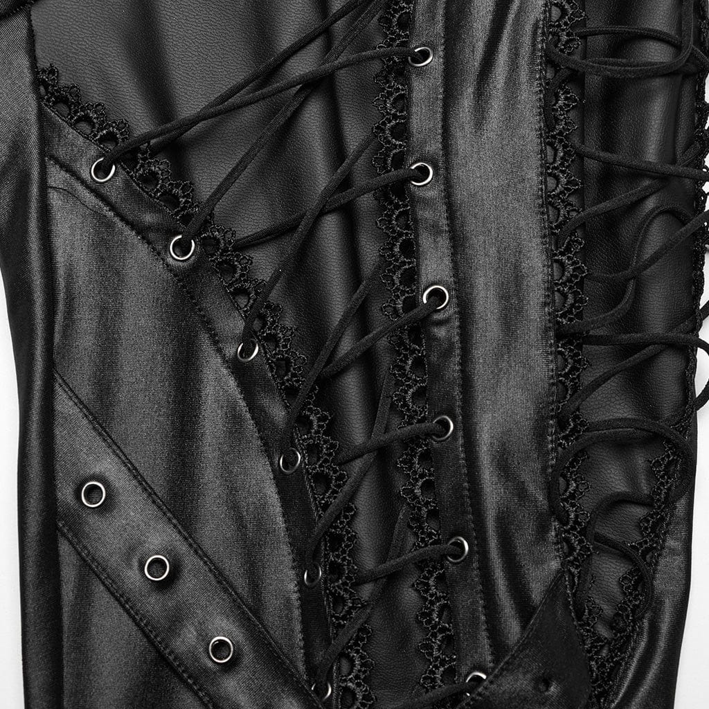 PUNK RAVE Women's Punk Lace-up Lace Splice Faux Leather Leggings