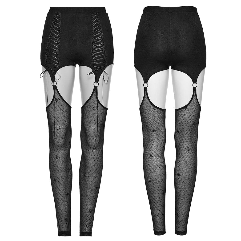 PUNK RAVE Women's Punk Lace-Up Mesh Ring Leggings