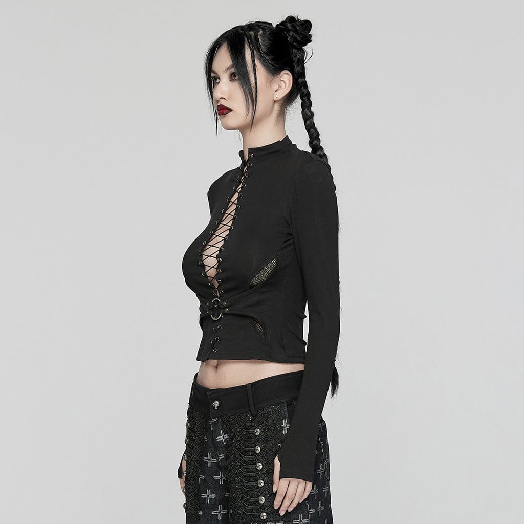 PUNK RAVE Women's Punk Lace-up Mesh Splice Shirt