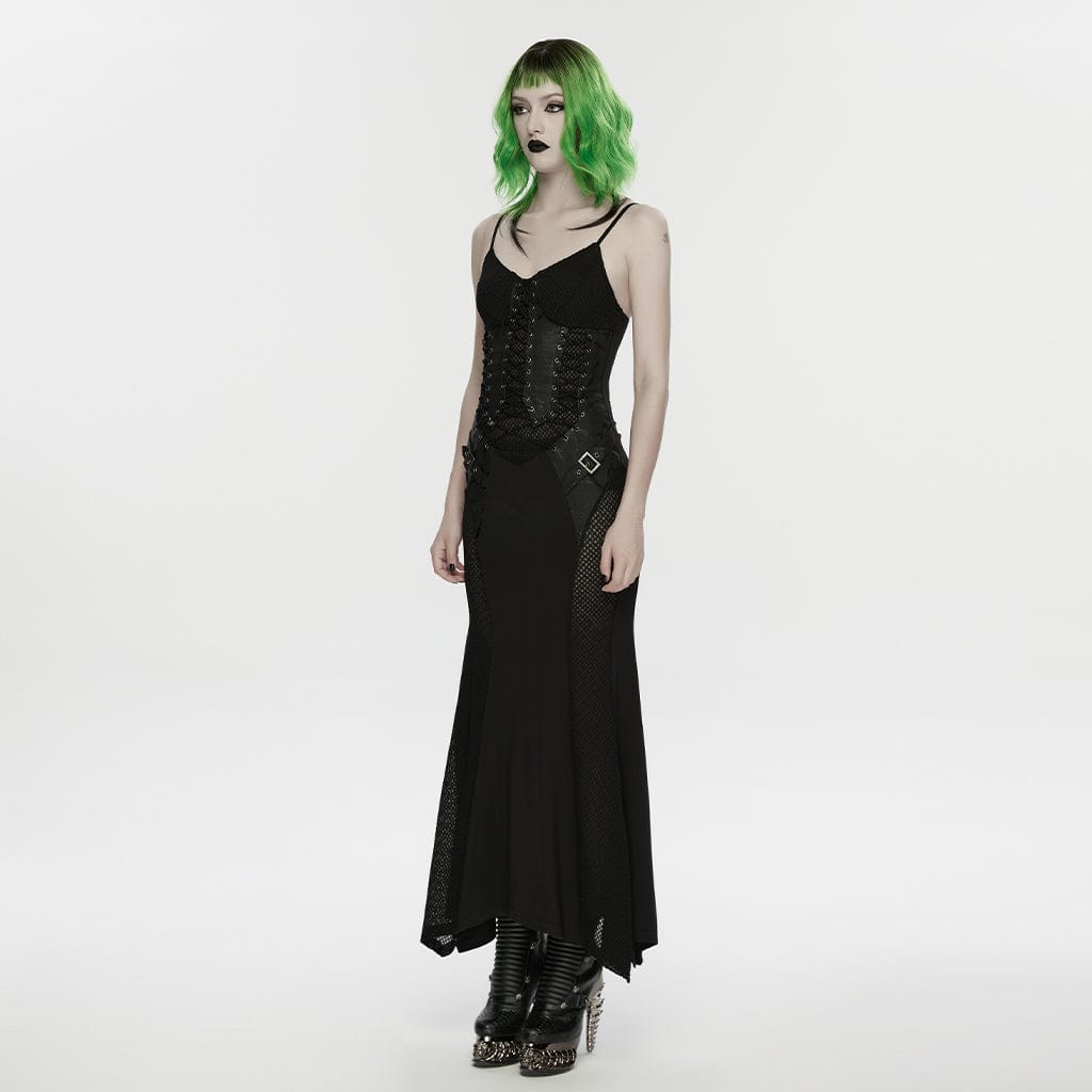 PUNK RAVE Women's Punk Lace-up Mesh Splice Slip Dress