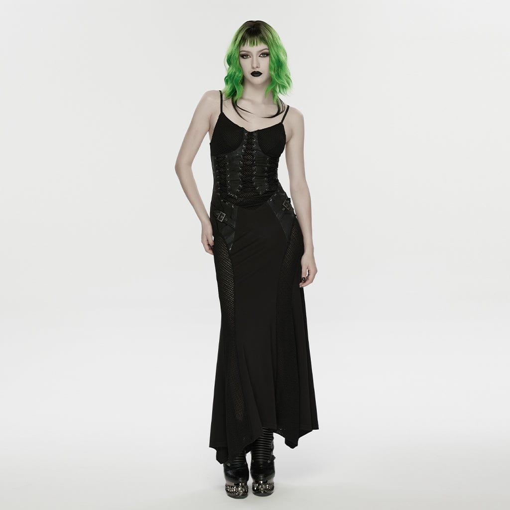 PUNK RAVE Women's Punk Lace-up Mesh Splice Slip Dress