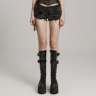 PUNK RAVE Women's Punk Lace-Up Stud Denim Shorts