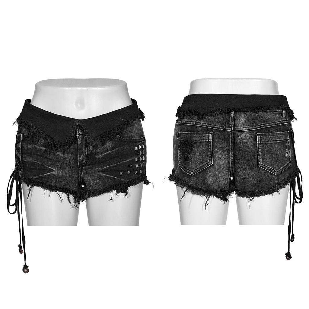 PUNK RAVE Women's Punk Lace-Up Stud Denim Shorts