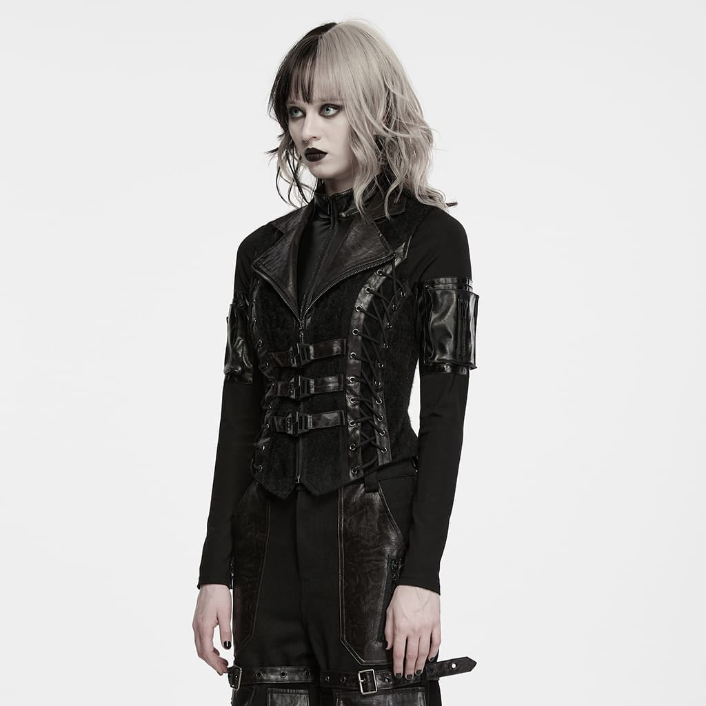 PUNK RAVE Women's Punk Lapel Lace-up Buckle Strap Vest