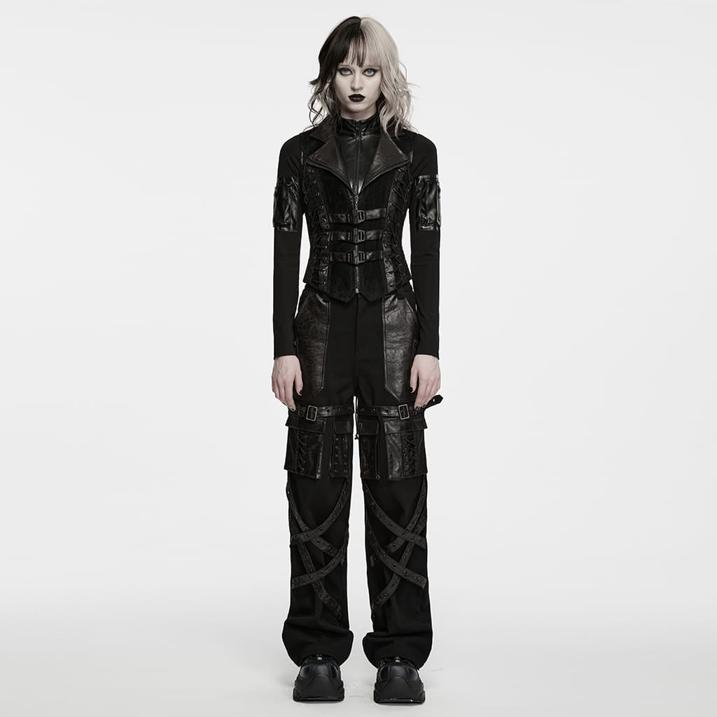 PUNK RAVE Women's Punk Lapel Lace-up Buckle Strap Vest