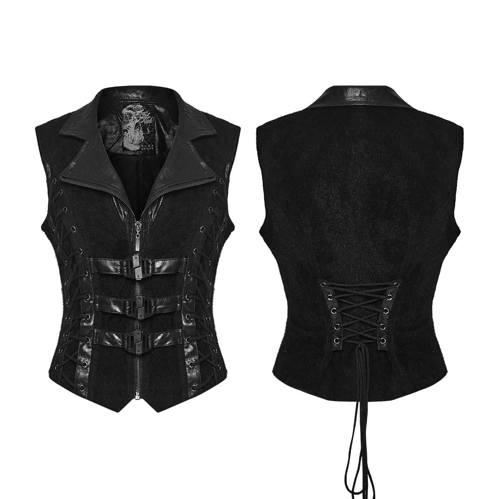 PUNK RAVE Women's Punk Lapel Lace-up Buckle Strap Vest