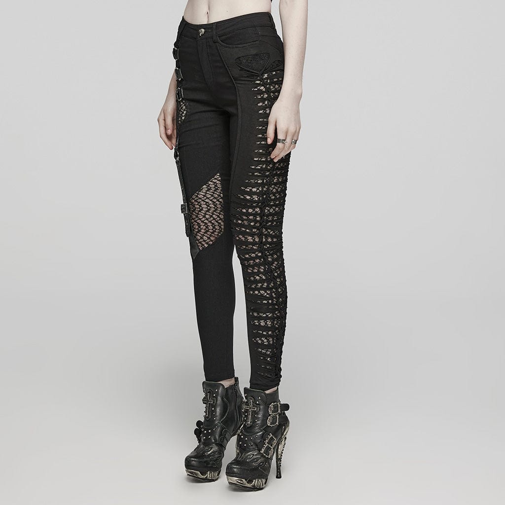 PUNK RAVE Women's Punk Mesh Buckle Spaghetti Strap Pants