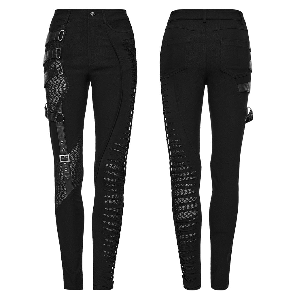 PUNK RAVE Women's Punk Mesh Buckle Spaghetti Strap Pants