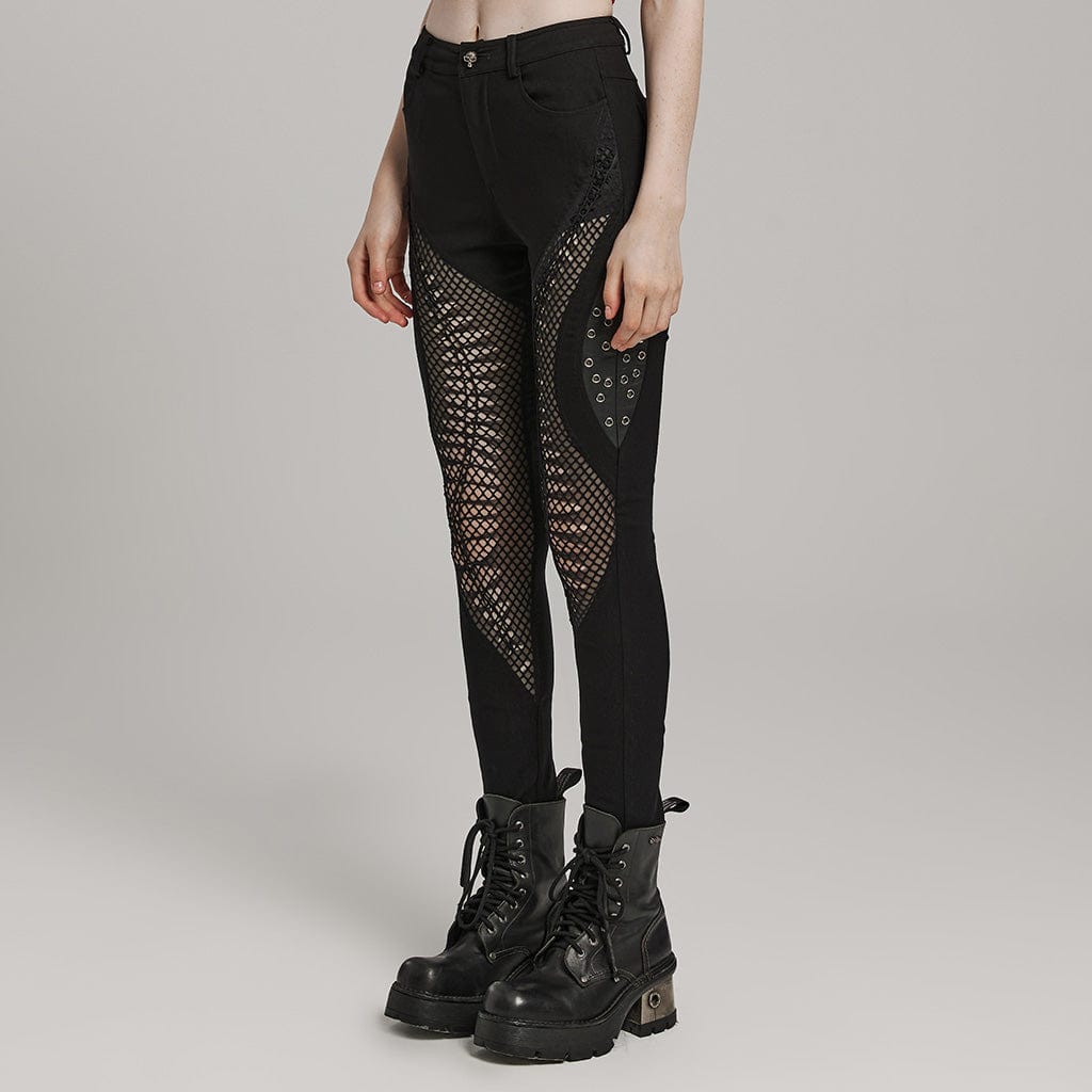 PUNK RAVE Women's Punk Mesh Cutout Eyelet Pants