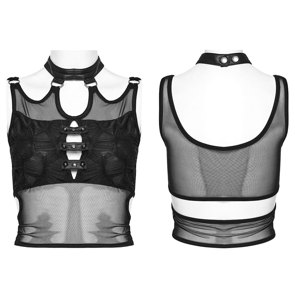 PUNK RAVE Women's Punk Mesh Cutout Ring Tank Top