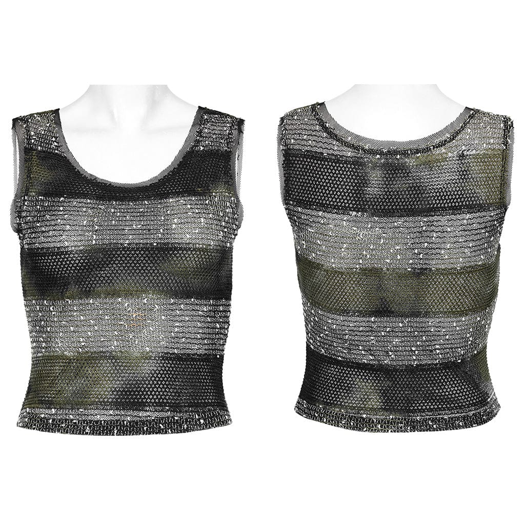 PUNK RAVE Women‘s Punk Mesh Sheer Striped Tank Top