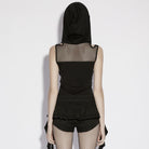 PUNK RAVE Women's Punk Mesh Splice Cutout Hooded Tank Top