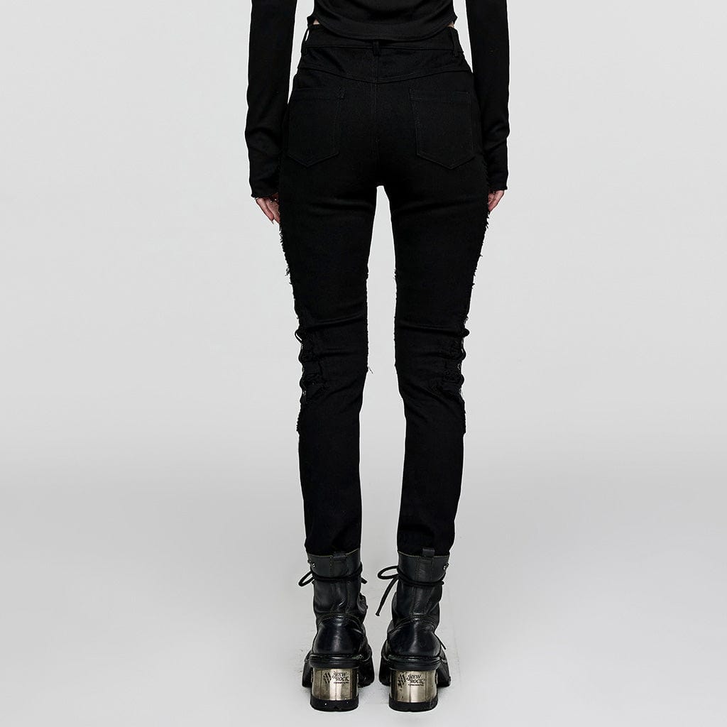 PUNK RAVE Women's Punk Mesh Splice Eyelet Pants