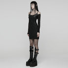 PUNK RAVE Women's Punk Mesh Splice Ruched Off-shoulder Dress