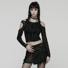 PUNK RAVE Women's Punk Mesh Splice Ruched Off-shoulder Top