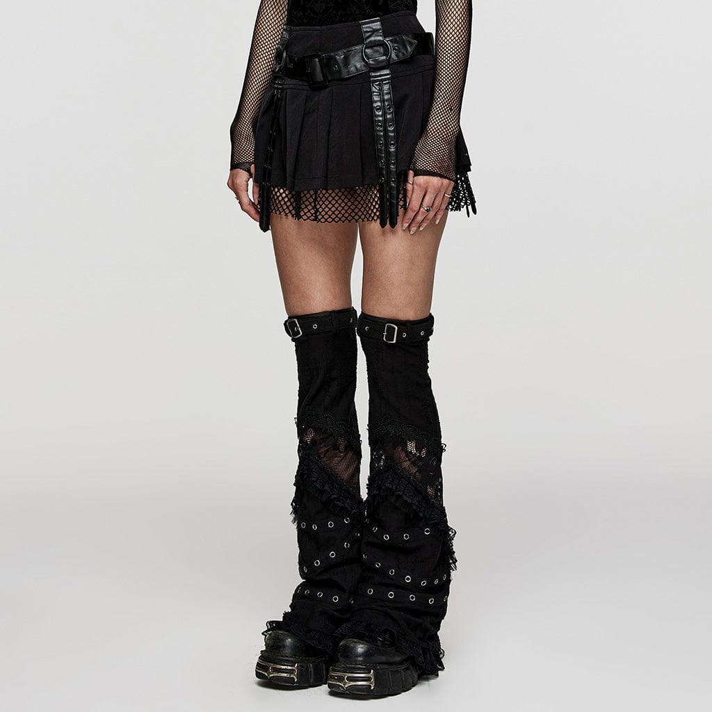 PUNK RAVE Women's Punk Mesh Splice Straps Pleated Skirt