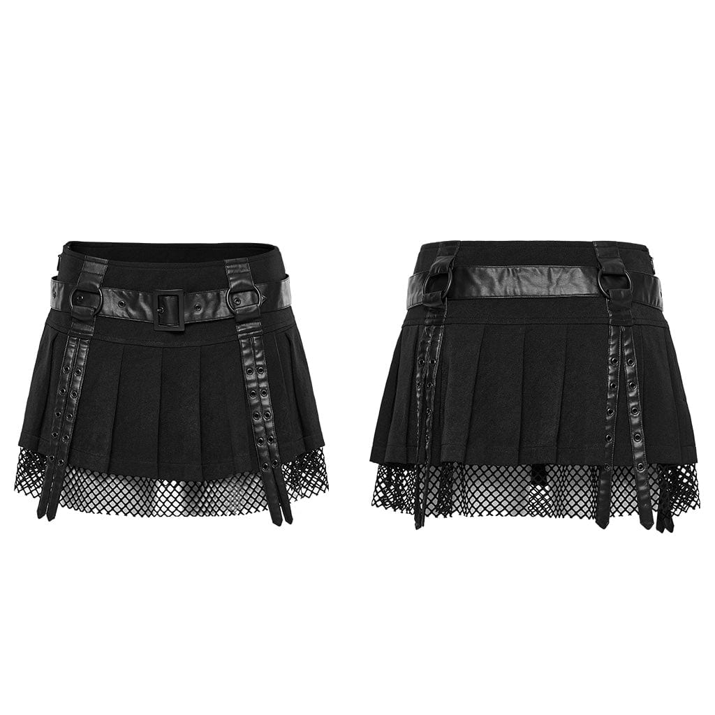 PUNK RAVE Women's Punk Mesh Splice Straps Pleated Skirt