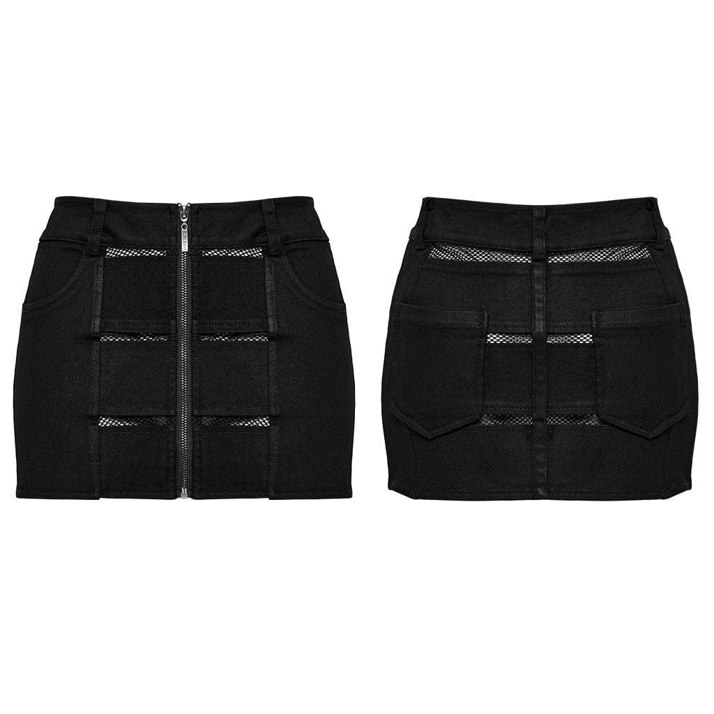 PUNK RAVE Women's Punk Mesh Splice Zipper Skirt Black