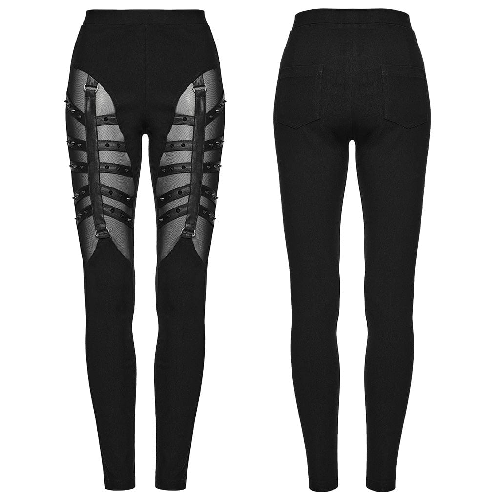 PUNK RAVE Women's Punk Mesh Strappy Stud Leggings